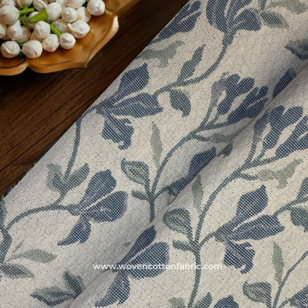 Vintage Indigo Blue and Sage Green Woven Floral Vine Jacquard Cotton Handloom Fabric, Per Meter