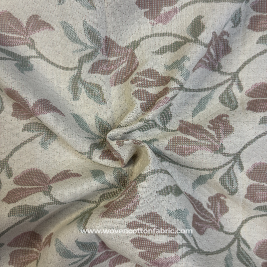 Vintage Dusty Rose Pink and Sage Green Woven Floral Vine Jacquard Cotton Handloom Fabric, Per Meter