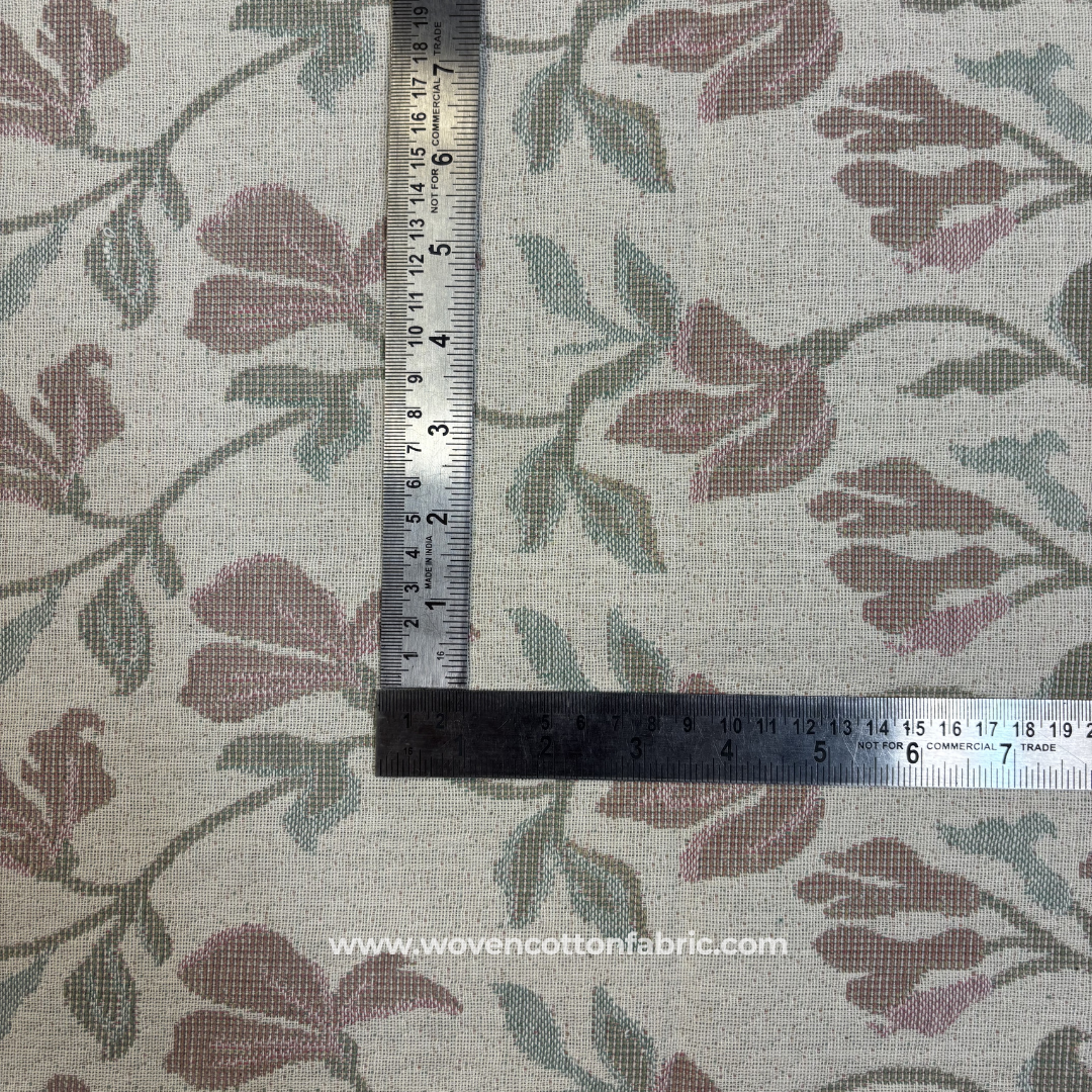 Vintage Dusty Rose Pink and Sage Green Woven Floral Vine Jacquard Cotton Handloom Fabric, Per Meter