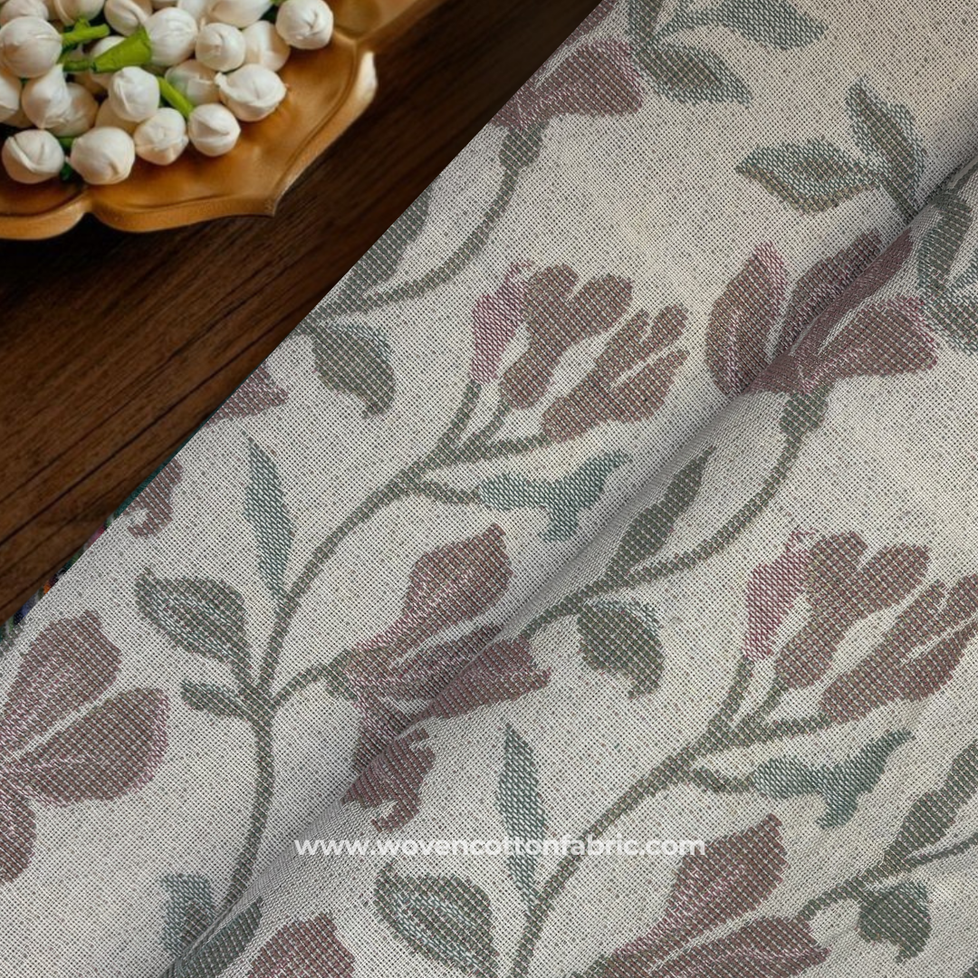 Vintage Dusty Rose Pink and Sage Green Woven Floral Vine Jacquard Cotton Handloom Fabric, Per Meter