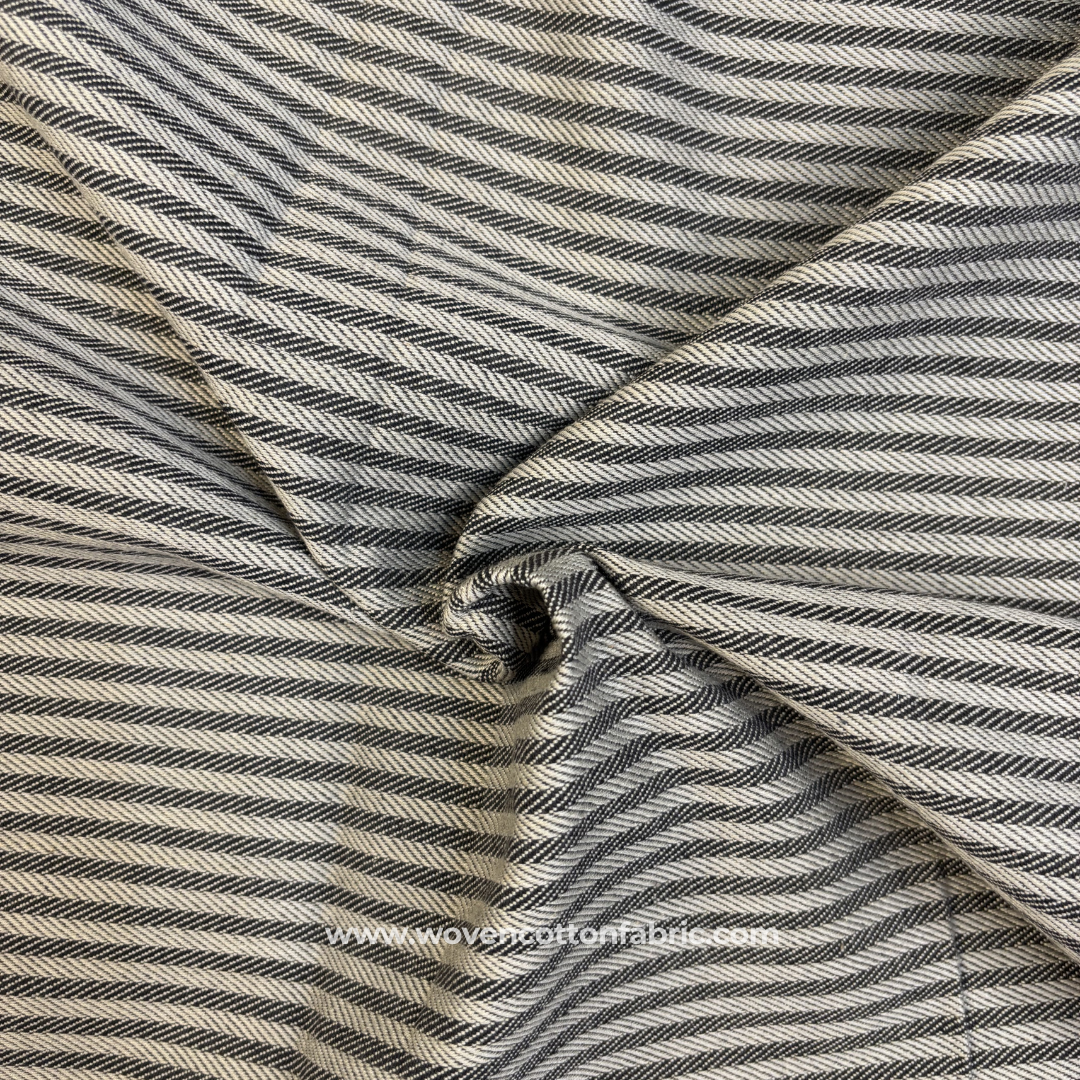 Charcoal Black and White Bold Diagonal Twill Striped Cotton Handloom Fabric, Per Meter