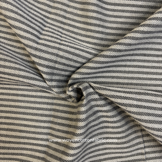 Charcoal Black and White Bold Diagonal Twill Striped Cotton Handloom Fabric, Per Meter