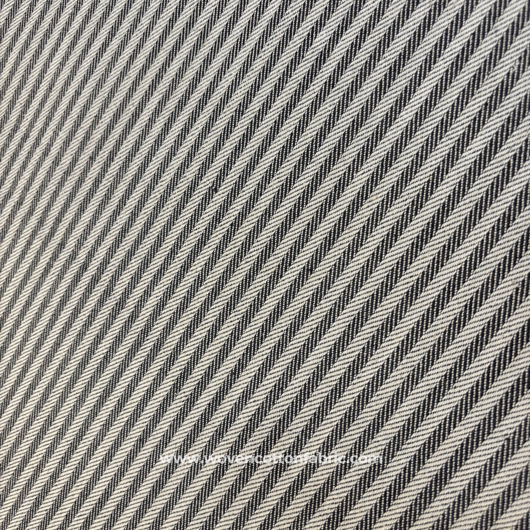 Charcoal Black and White Bold Diagonal Twill Striped Cotton Handloom Fabric, Per Meter