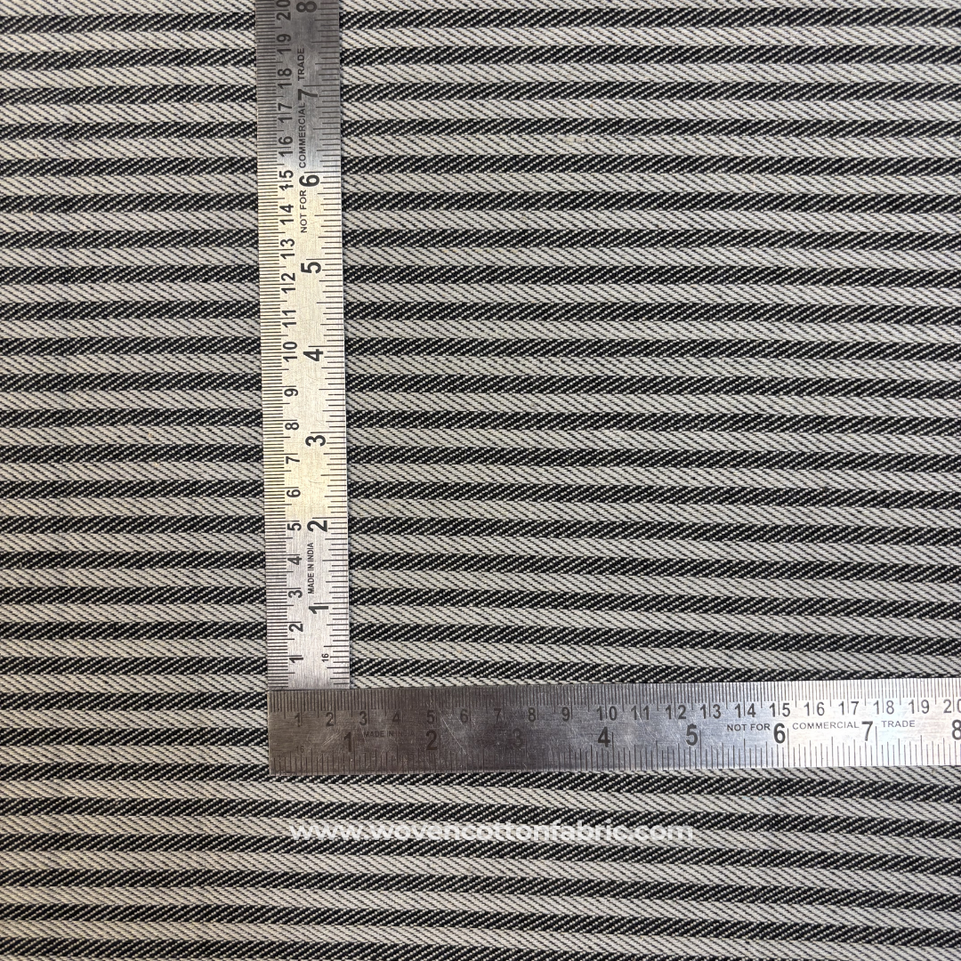 Charcoal Black and White Bold Diagonal Twill Striped Cotton Handloom Fabric, Per Meter