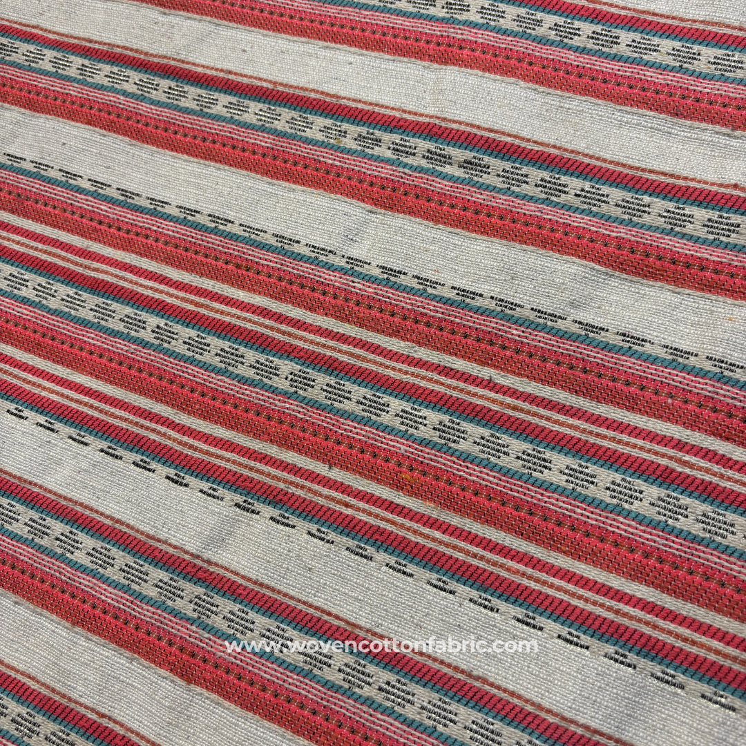Crimson Red and Oatmeal Beige Zari Textured Heritage Stripe Cotton Handloom Fabric, Per Meter