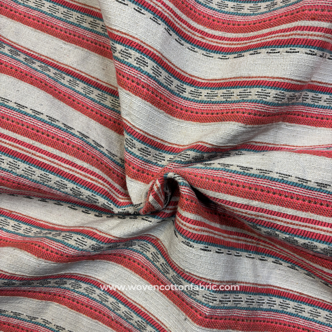 Crimson Red and Oatmeal Beige Zari Textured Heritage Stripe Cotton Handloom Fabric, Per Meter