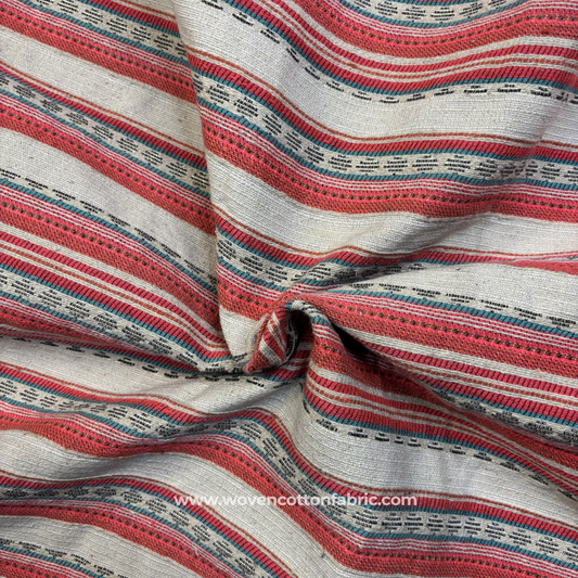 Crimson Red and Oatmeal Beige Zari Textured Heritage Stripe Cotton Handloom Fabric, Per Meter