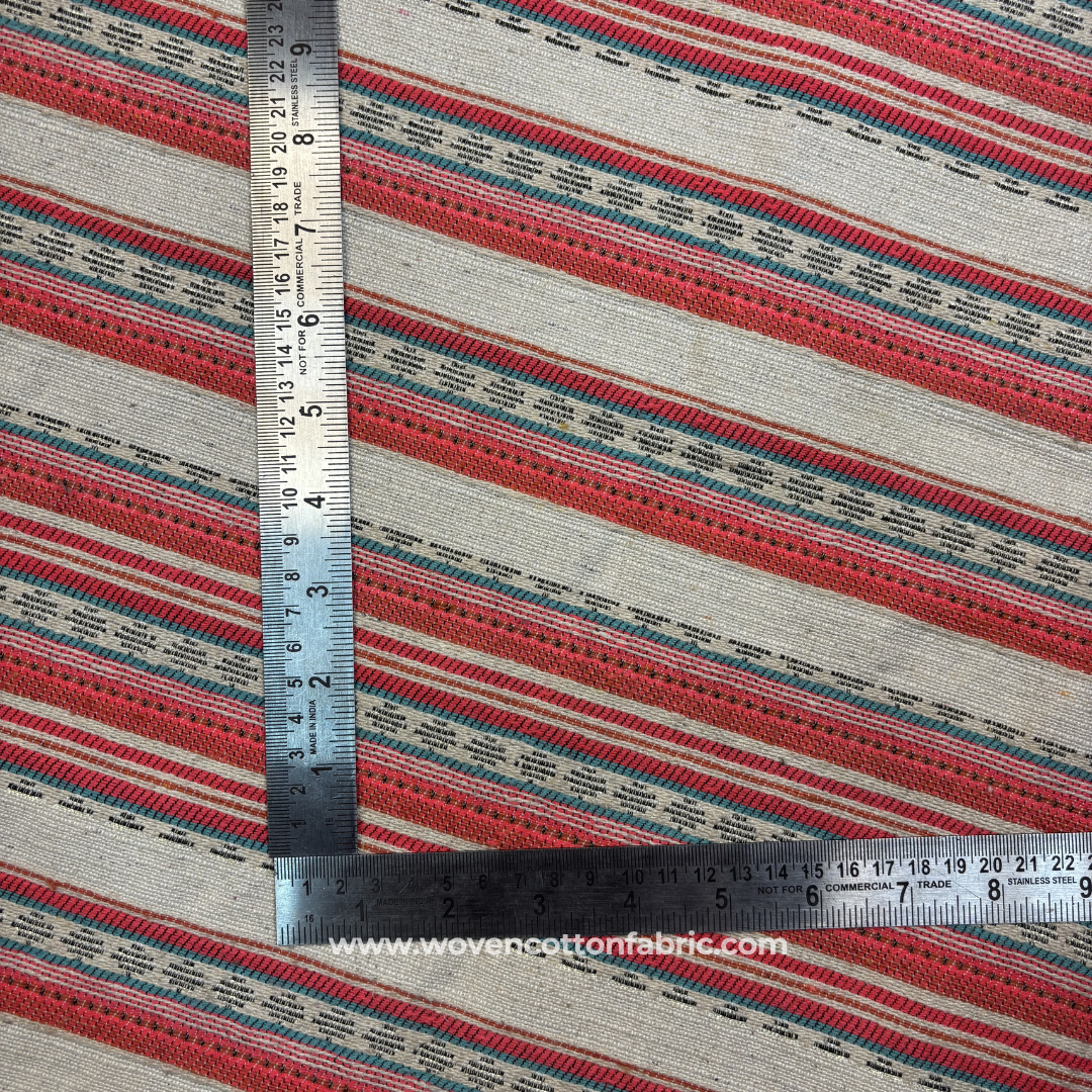 Crimson Red and Oatmeal Beige Zari Textured Heritage Stripe Cotton Handloom Fabric, Per Meter
