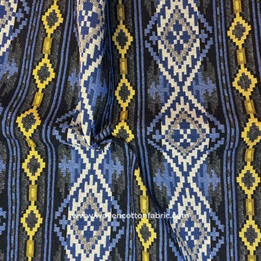 Runic Stitches Blue Cotton Jacquard Fabric,A4 Swatch