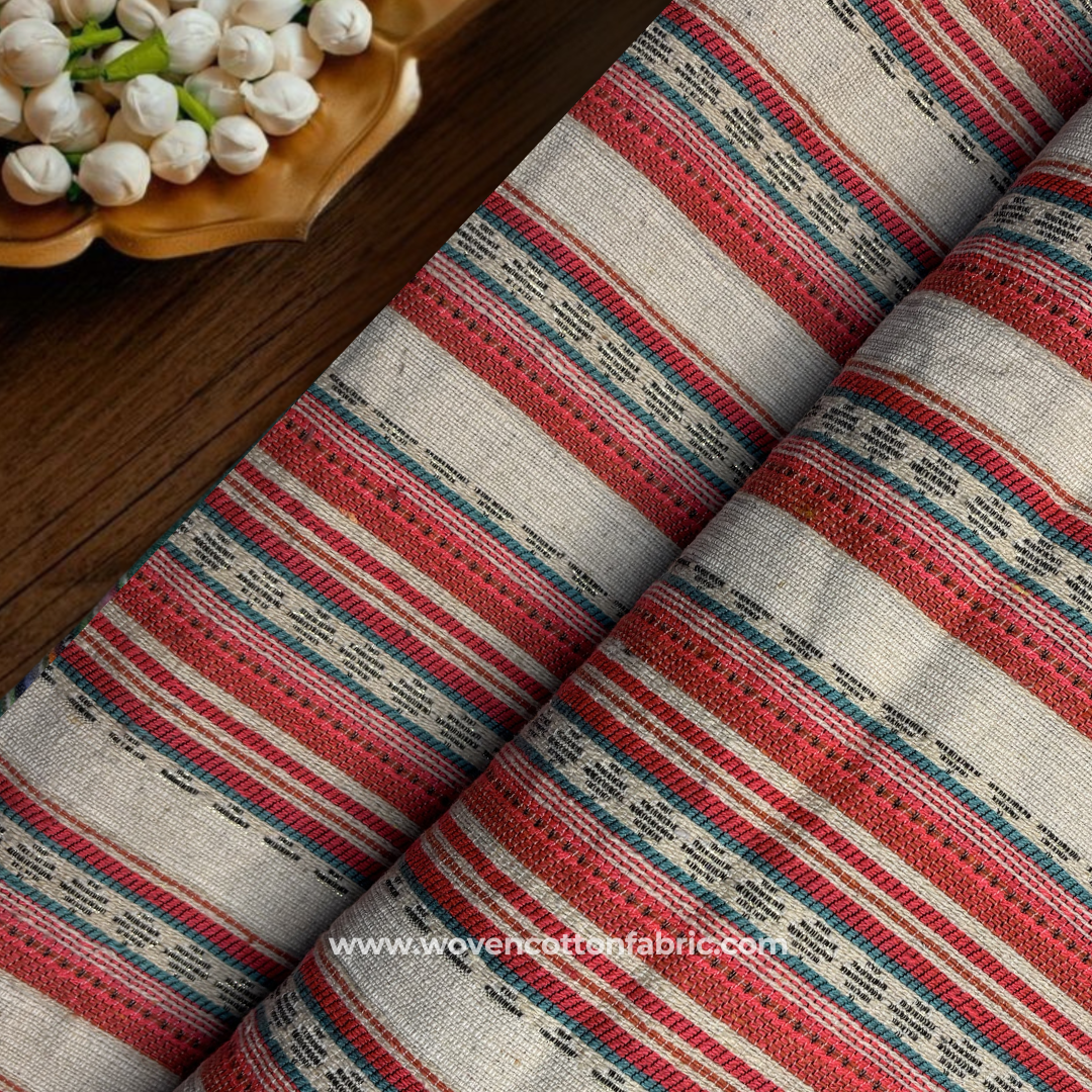Crimson Red and Oatmeal Beige Zari Textured Heritage Stripe Cotton Handloom Fabric, Per Meter