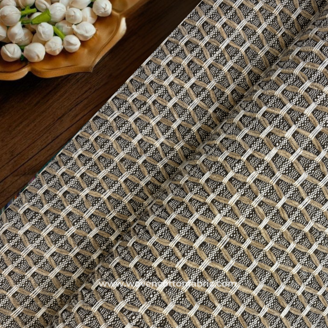 Taupe and Cream Honeycomb Woven Cotton Handloom Fabric.