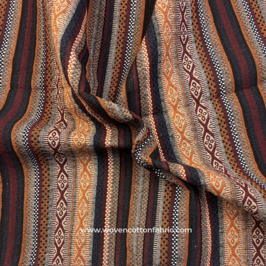 Rust Terracotta and Charcoal Tribal Geometric Striped Jacquard Cotton Handloom Fabric, Per Meter