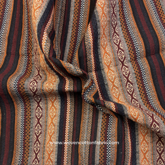 Rust Terracotta and Charcoal Tribal Geometric Striped Jacquard Cotton Handloom Fabric, Per Meter
