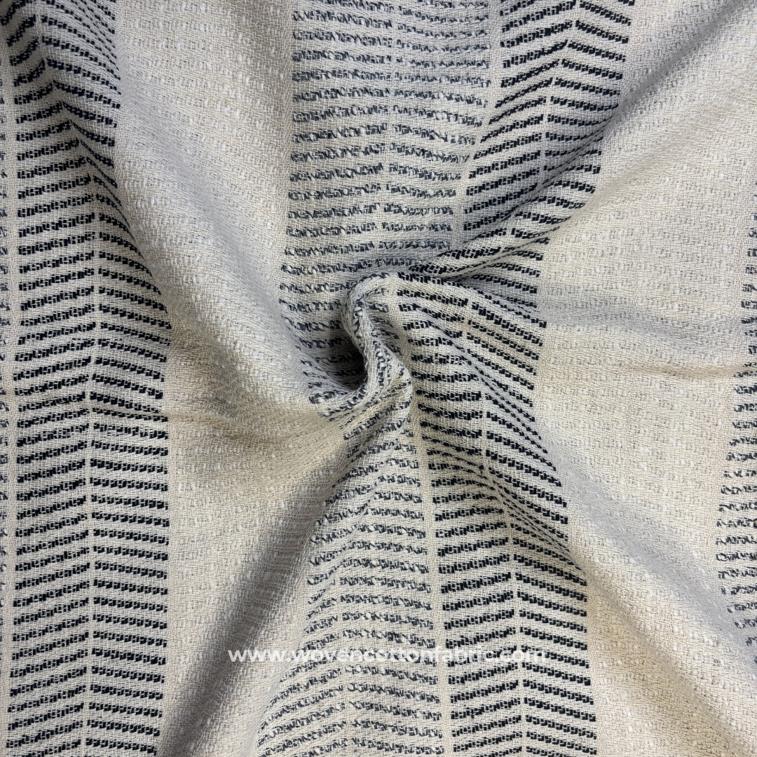 Black Geometric Chevron Stripe Textured Cotton Handloom Fabric Per Meter