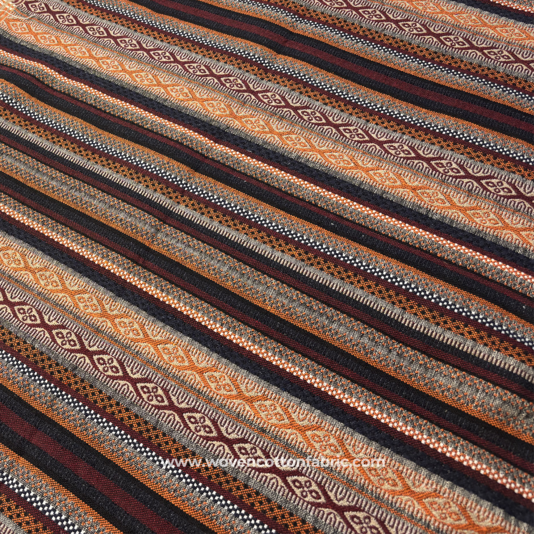 Rust Terracotta and Charcoal Tribal Geometric Striped Jacquard Cotton Handloom Fabric, Per Meter