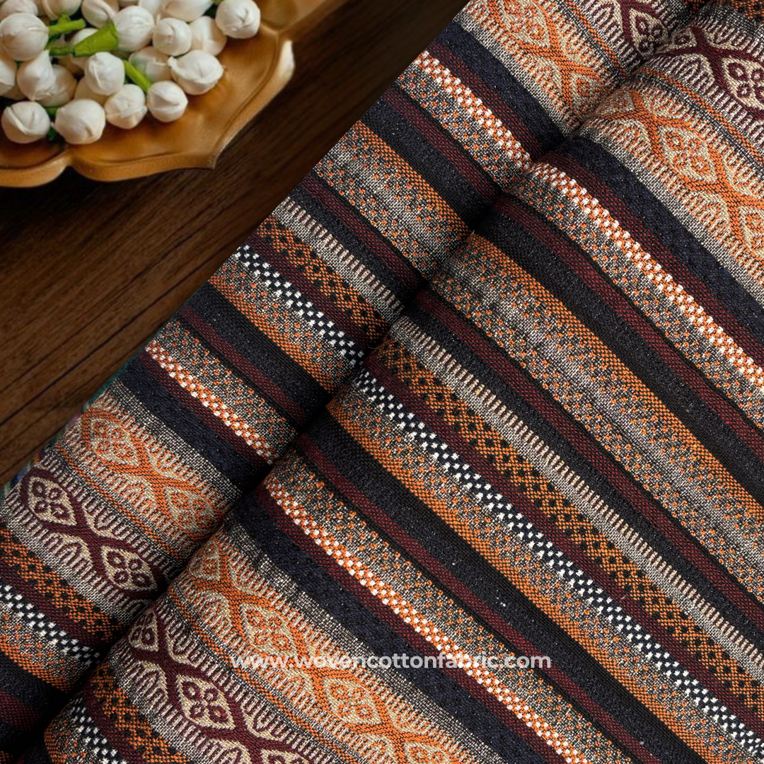 Rust Terracotta and Charcoal Tribal Geometric Striped Jacquard Cotton Handloom Fabric, Per Meter