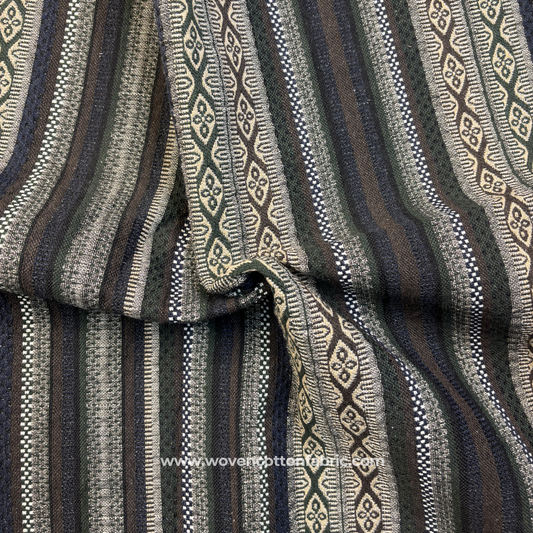 Forest Olive Green and Indigo Tribal Geometric Striped Jacquard Cotton Handloom Fabric, Per Meter