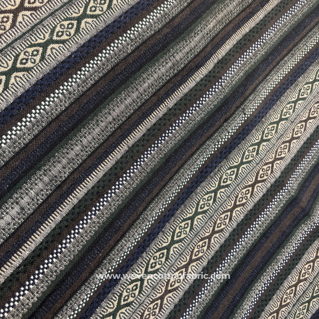 Forest Olive Green and Indigo Tribal Geometric Striped Jacquard Cotton Handloom Fabric, Per Meter