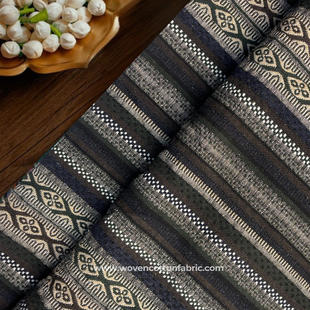 Forest Olive Green and Indigo Tribal Geometric Striped Jacquard Cotton Handloom Fabric, Per Meter