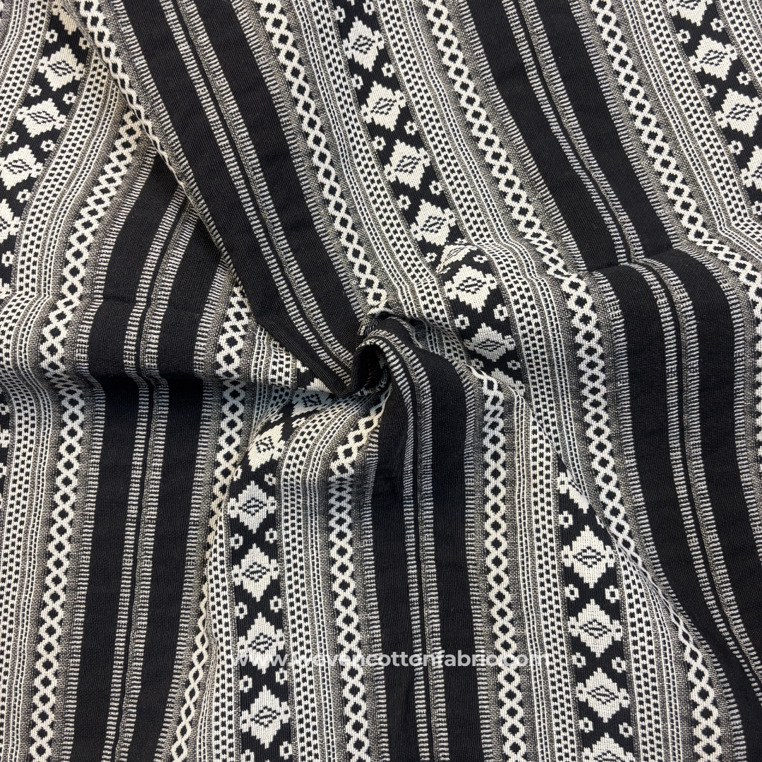 Jet Black and Off-White Tribal Diamond Geometric Striped Jacquard Cotton Handloom Fabric, Per Meter