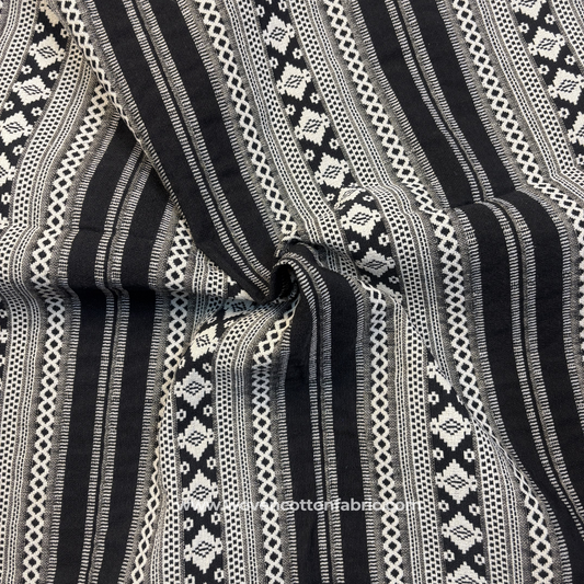 Jet Black and Off-White Tribal Diamond Geometric Striped Jacquard Cotton Handloom Fabric, Per Meter
