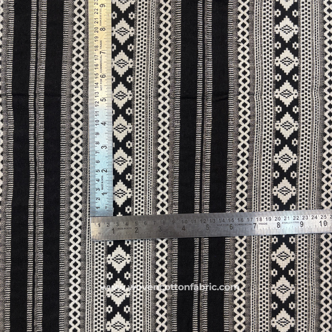 Jet Black and Off-White Tribal Diamond Geometric Striped Jacquard Cotton Handloom Fabric, Per Meter
