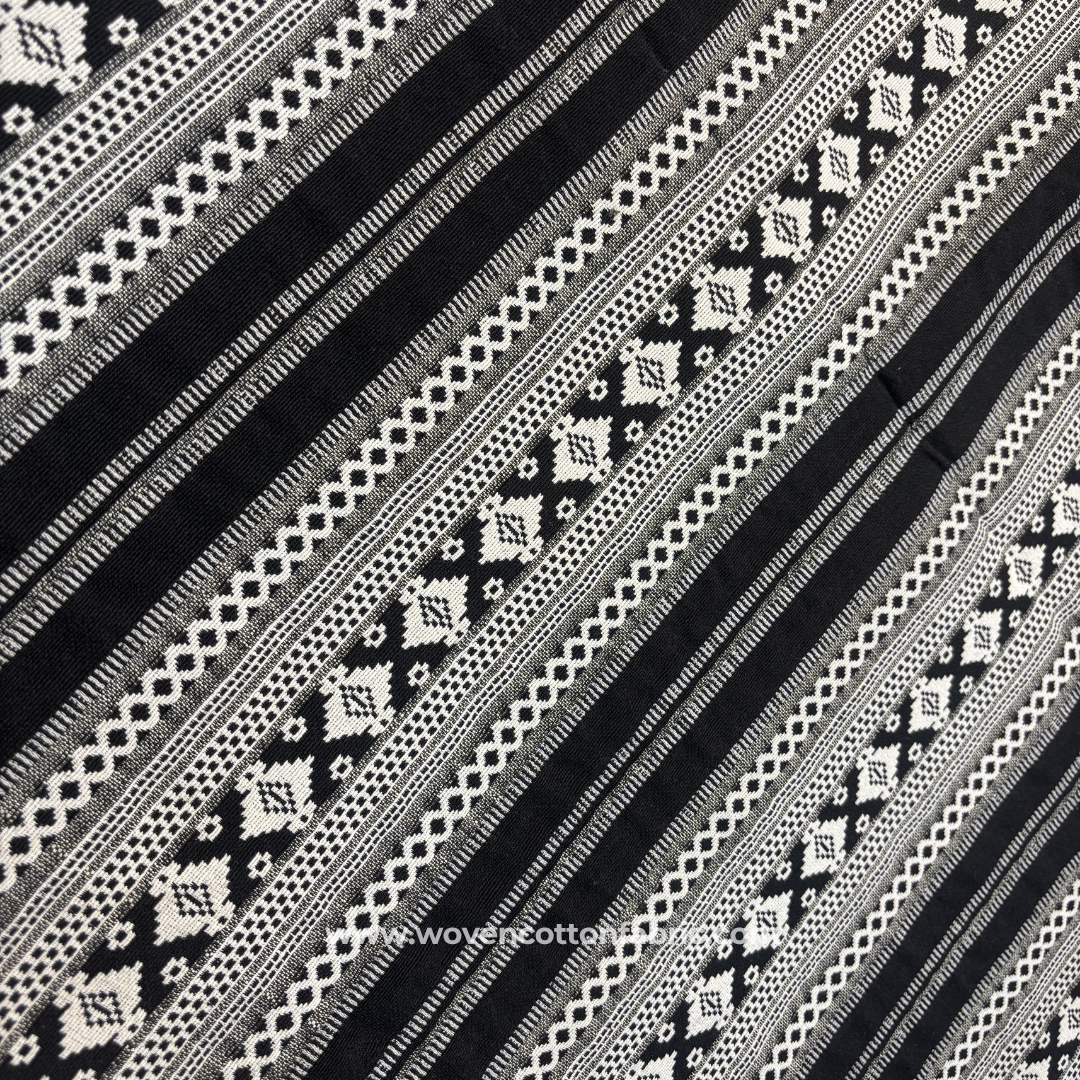 Jet Black and Off-White Tribal Diamond Geometric Striped Jacquard Cotton Handloom Fabric, Per Meter