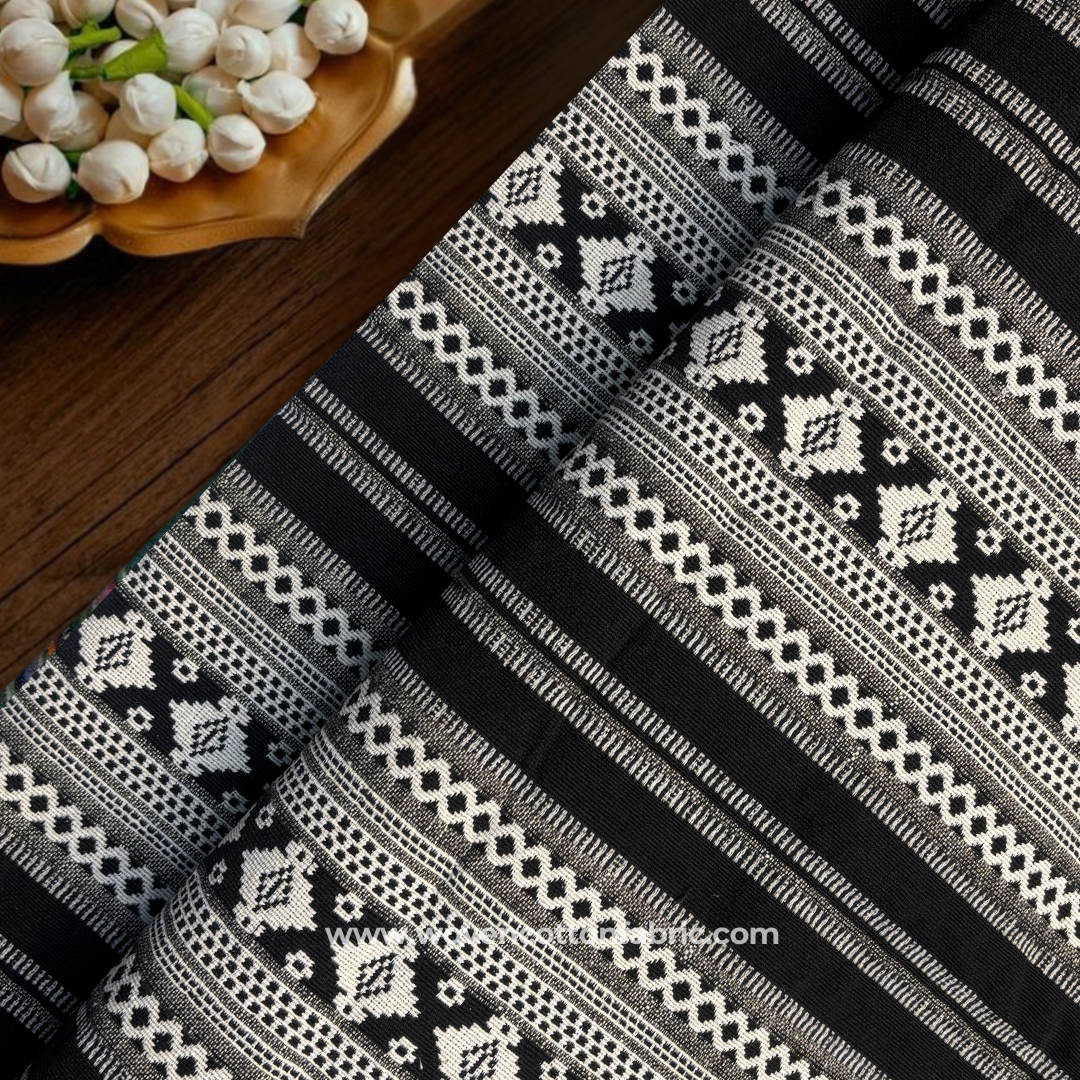 Jet Black and Off-White Tribal Diamond Geometric Striped Jacquard Cotton Handloom Fabric, Per Meter