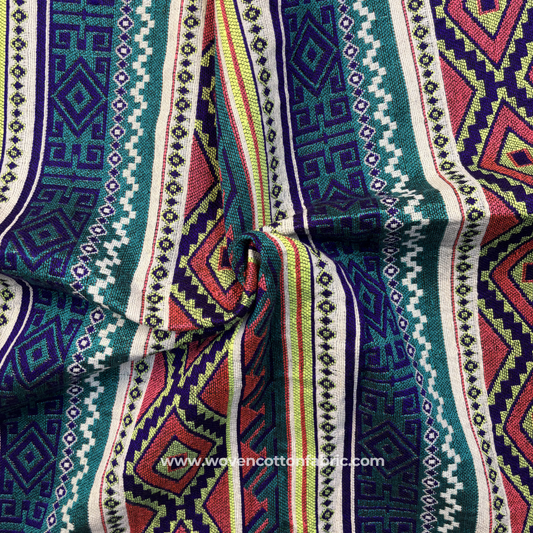 Vibrant Teal and Coral Aztec Geometric Diamond Striped Jacquard Cotton Handloom Fabric, Per Meter