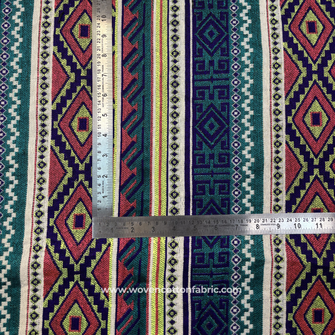 Vibrant Teal and Coral Aztec Geometric Diamond Striped Jacquard Cotton Handloom Fabric, Per Meter