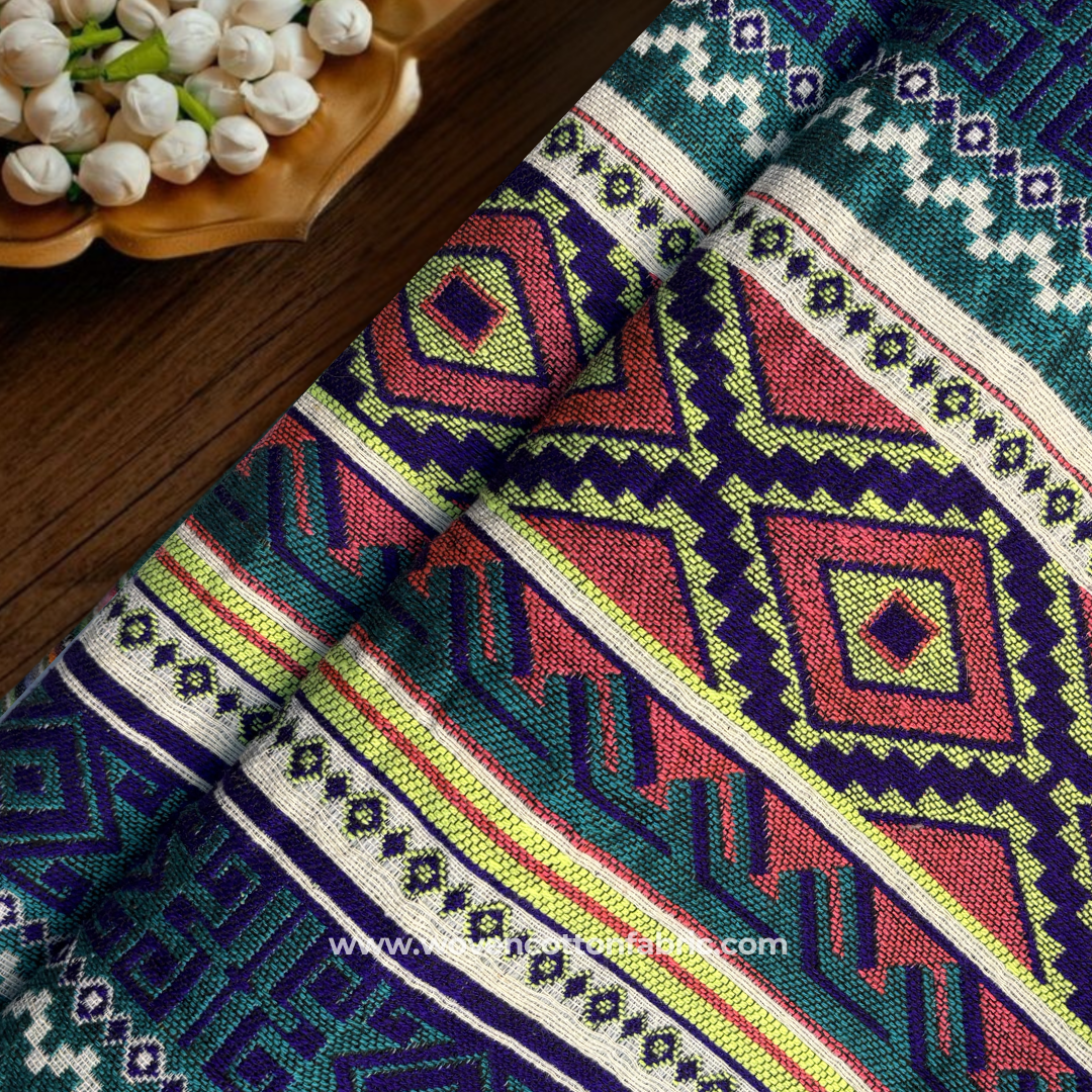 Vibrant Teal and Coral Aztec Geometric Diamond Striped Jacquard Cotton Handloom Fabric, Per Meter