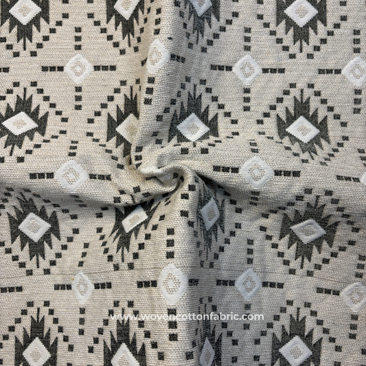 Charcoal Black and Off-White Southwestern Diamond Tribal Jacquard Cotton Handloom Fabric, Per Meter