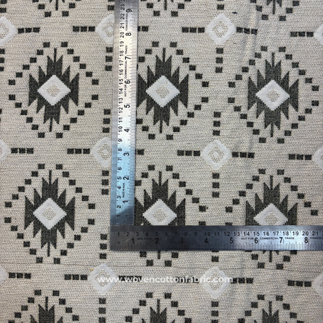 Charcoal Black and Off-White Southwestern Diamond Tribal Jacquard Cotton Handloom Fabric, Per Meter
