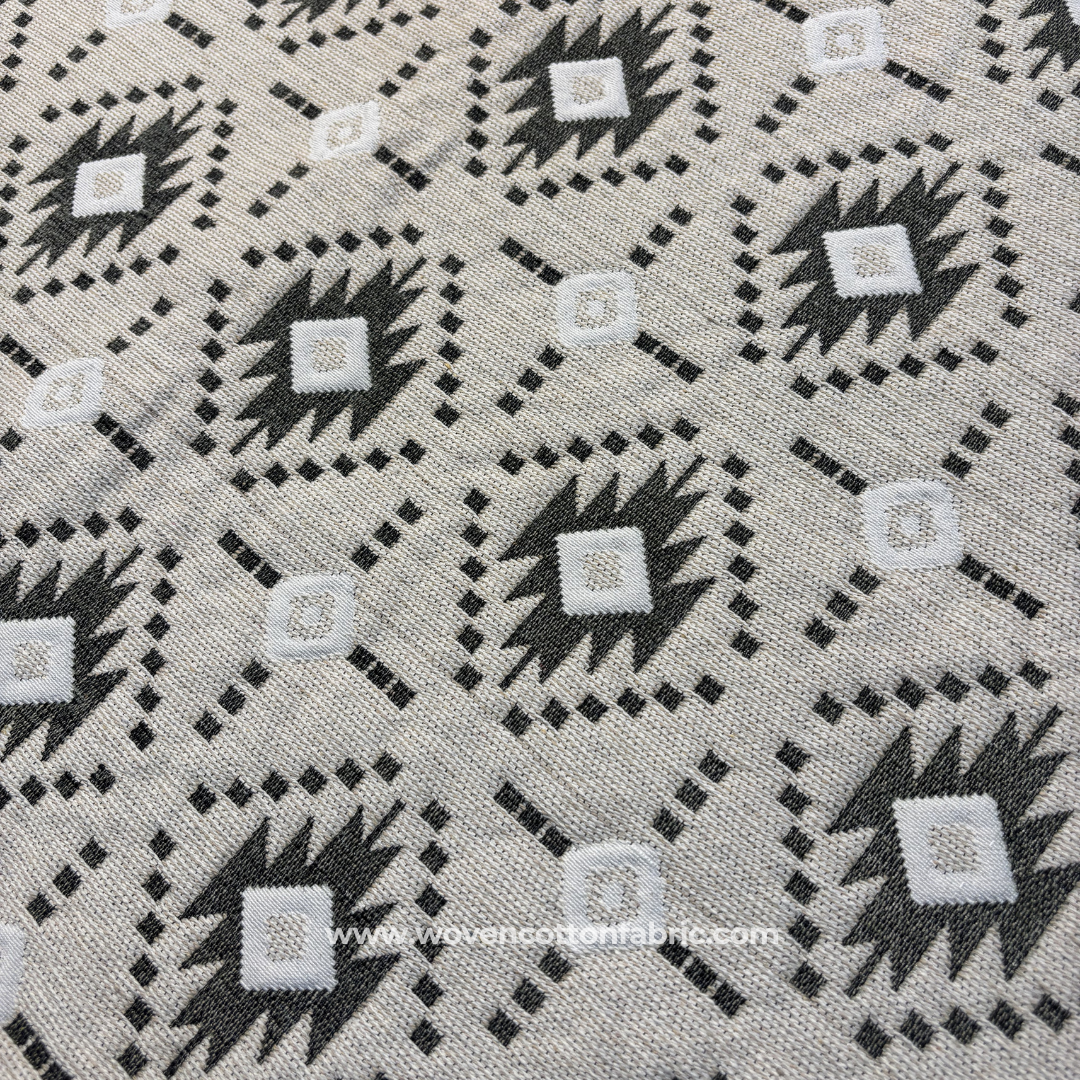 Charcoal Black and Off-White Southwestern Diamond Tribal Jacquard Cotton Handloom Fabric, Per Meter