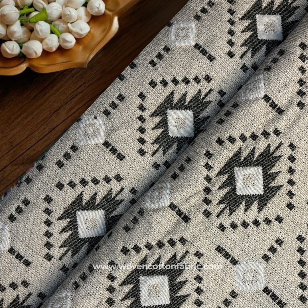 Charcoal Black and Off-White Southwestern Diamond Tribal Jacquard Cotton Handloom Fabric, Per Meter