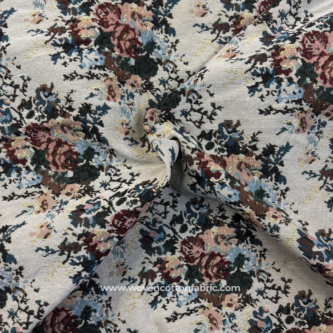Vintage English Rose Floral Tapestry Jacquard Cotton Handloom Fabric, Per Meter