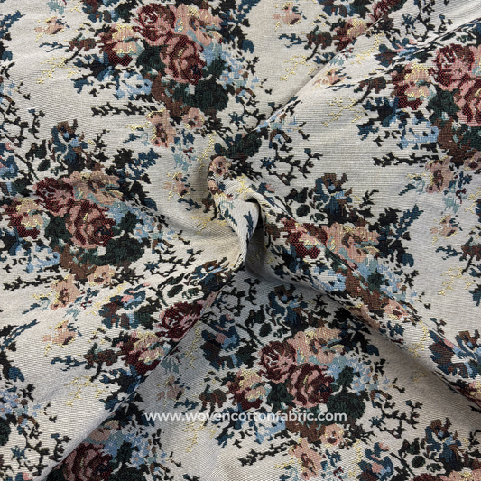 Vintage English Rose Floral Tapestry Jacquard Cotton Handloom Fabric, Per Meter
