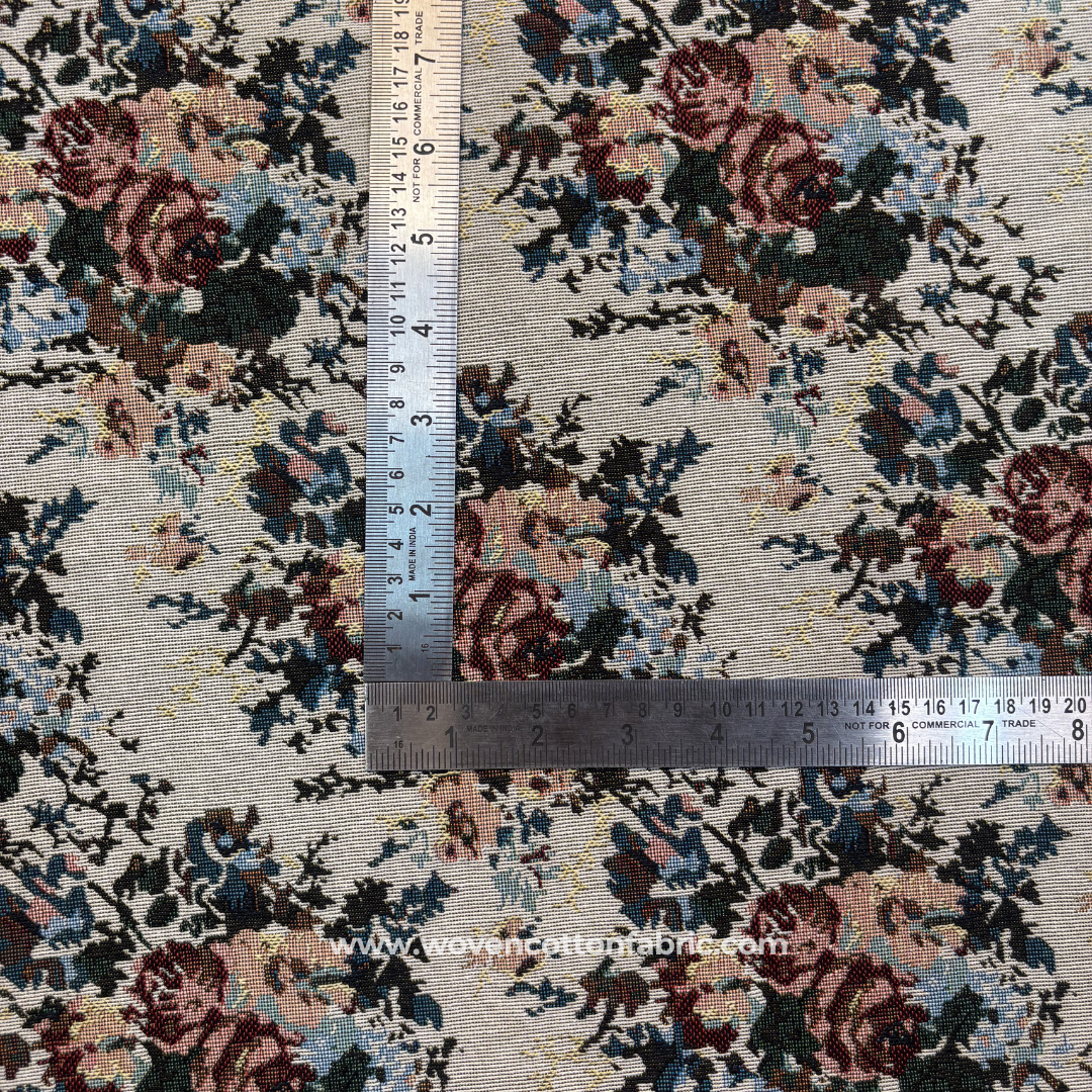 Vintage English Rose Floral Tapestry Jacquard Cotton Handloom Fabric, Per Meter