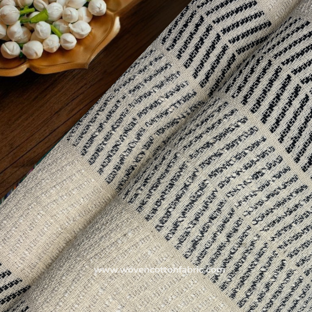 Black Geometric Chevron Stripe Textured Cotton Handloom Fabric Per Meter