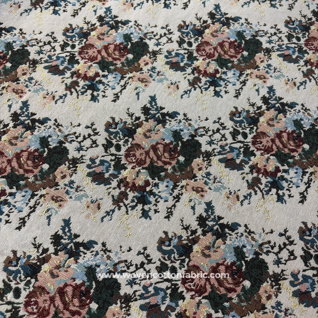 Vintage English Rose Floral Tapestry Jacquard Cotton Handloom Fabric, Per Meter