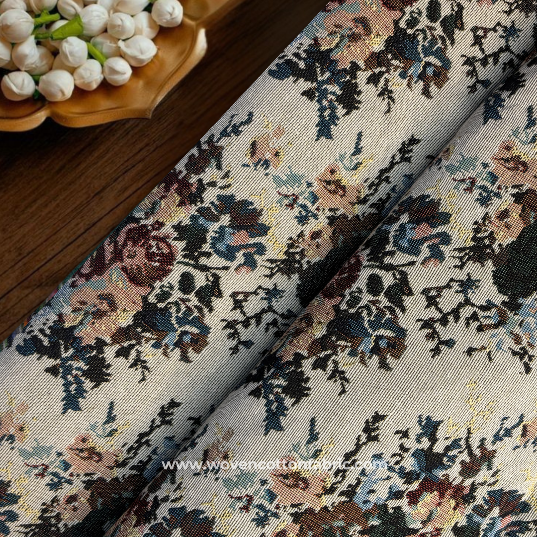 Vintage English Rose Floral Tapestry Jacquard Cotton Handloom Fabric, Per Meter