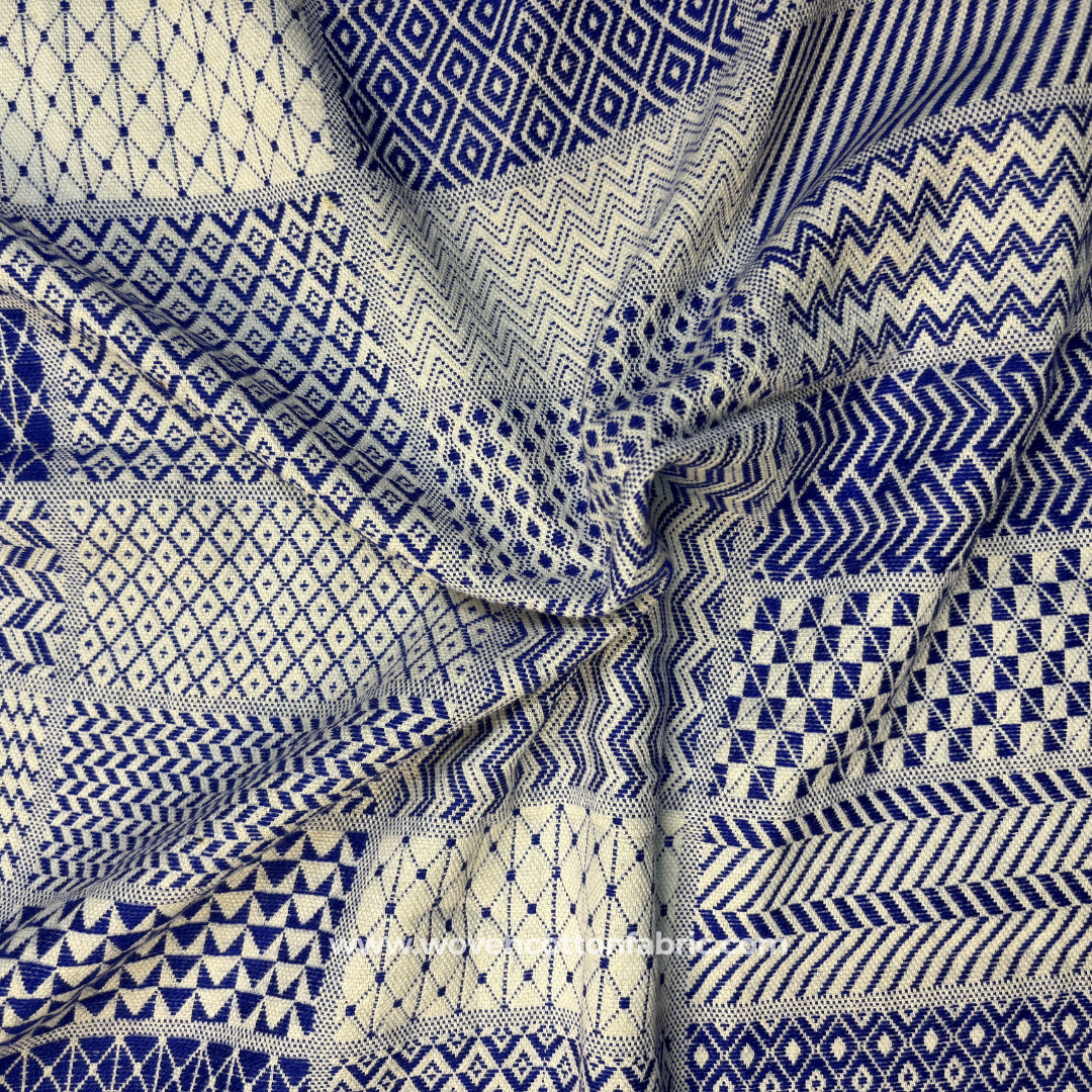 Royal Blue and White Geometric Patchwork Sampler Jacquard Cotton Handloom Fabric, Per Meter
