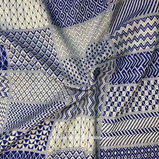 Royal Blue and White Geometric Patchwork Sampler Jacquard Cotton Handloom Fabric, Per Meter