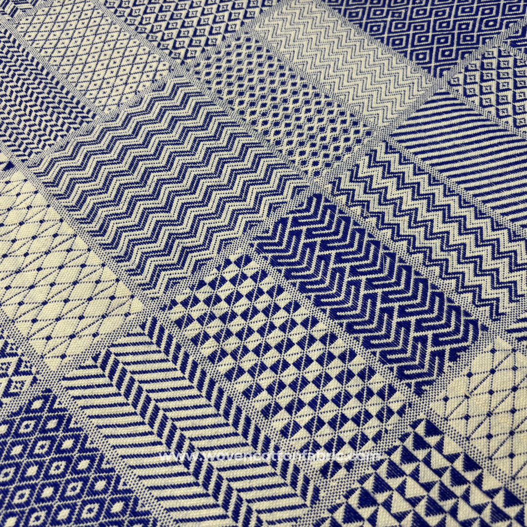 Royal Blue and White Geometric Patchwork Sampler Jacquard Cotton Handloom Fabric, Per Meter