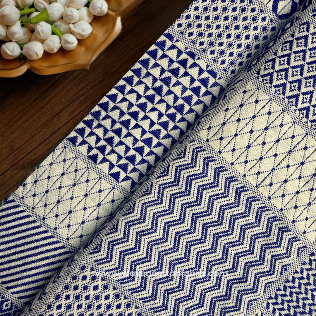Royal Blue and White Geometric Patchwork Sampler Jacquard Cotton Handloom Fabric, Per Meter