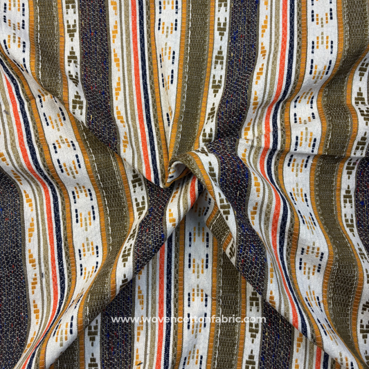 Earthy Olive Moss and Ochre Tribal Geometric Striped Jacquard Cotton Handloom Fabric, Per Meter