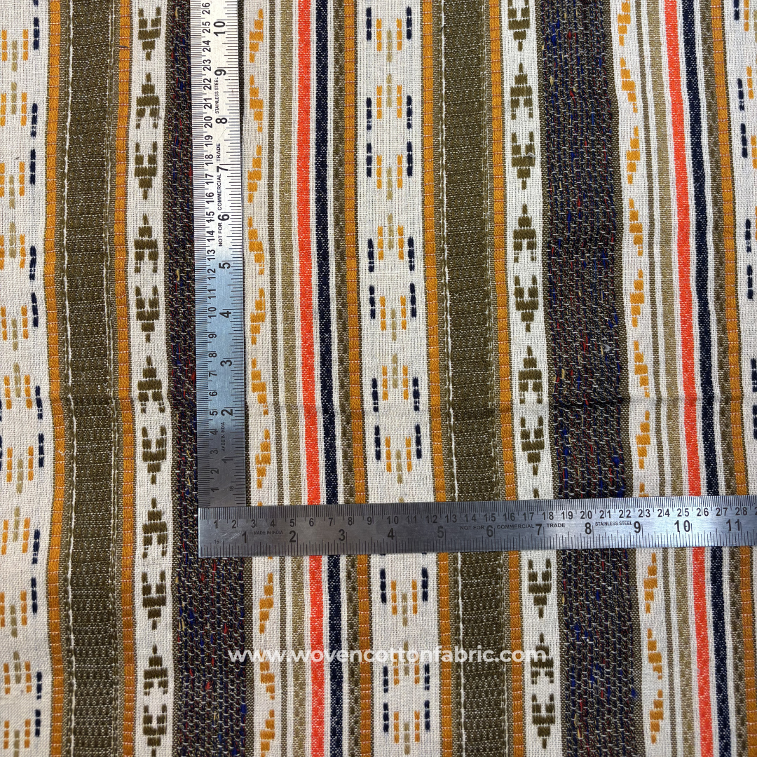 Earthy Olive Moss and Ochre Tribal Geometric Striped Jacquard Cotton Handloom Fabric, Per Meter