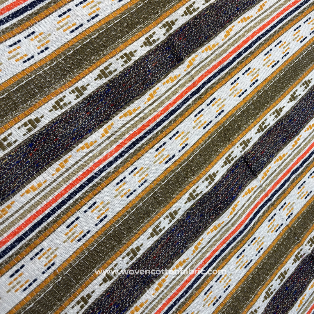 Earthy Olive Moss and Ochre Tribal Geometric Striped Jacquard Cotton Handloom Fabric, Per Meter