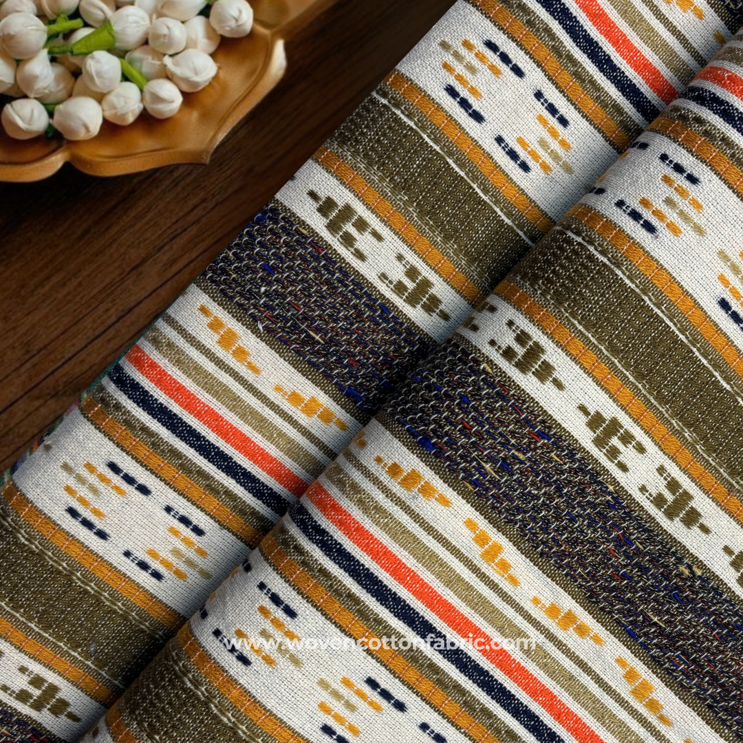 Earthy Olive Moss and Ochre Tribal Geometric Striped Jacquard Cotton Handloom Fabric, Per Meter