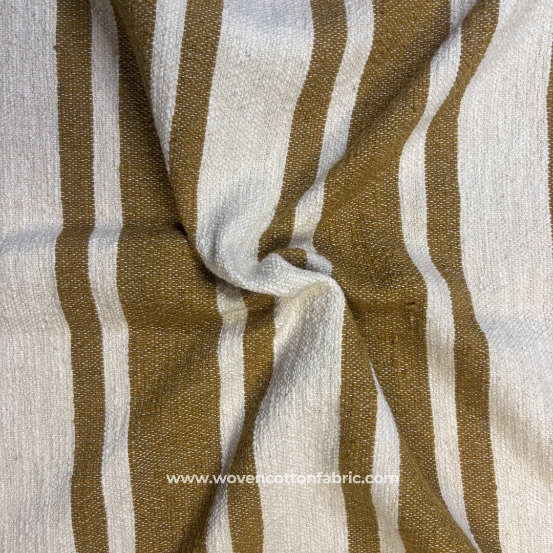 Mustard Yellow and Beige Textured Slub Stripe Cotton Handloom Fabric Per Meter